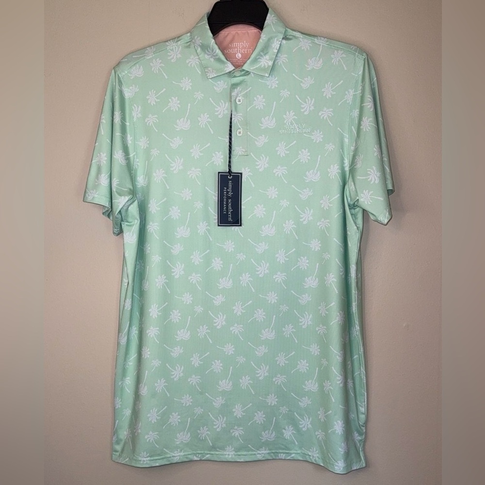 Simply Southern performance men’s polo shirt green white palm trees print Large